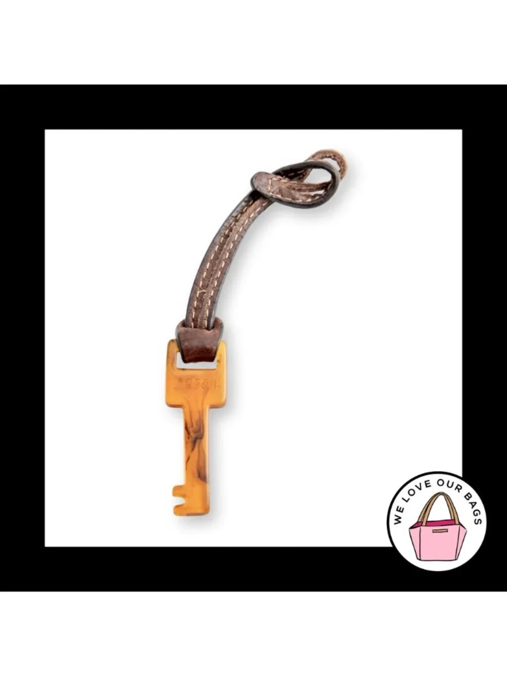 FOSSIL KEY Amber Acrylic Plastic Brown Leather Strap Bag Charm Hang Tag Fob